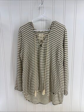 Billabong Cream and Black Striped Lace-Up Knit Top